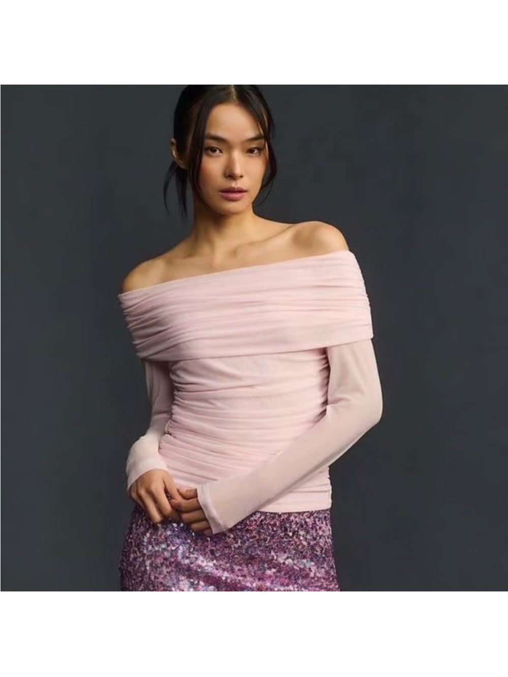 Anthropologie Maeve Mesh Long Sleeve Off Shoulder Top